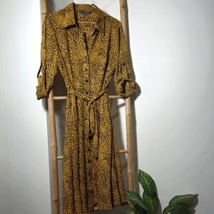 Sharagano Gold Shirt Dress with Notched Collar and Cuffed Sleeves